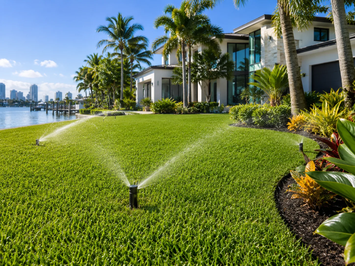 New sprinkler system watering a fresh lawn at a beautiful South Florida property.