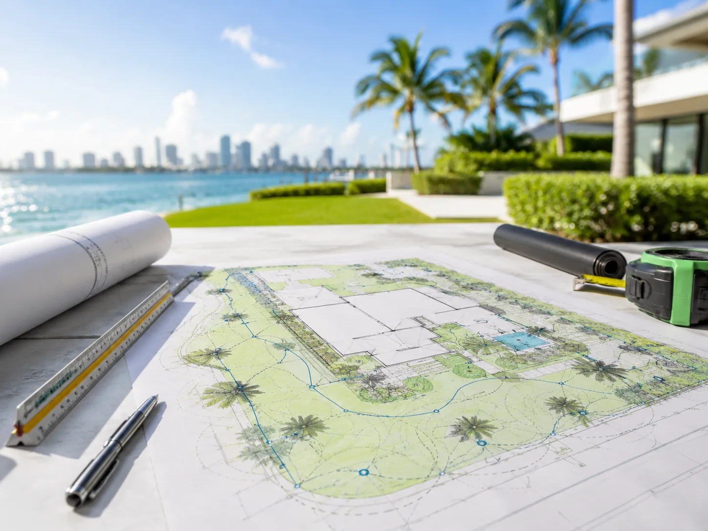 Landscape and irrigation planning materials with blueprints for a South Florida property.