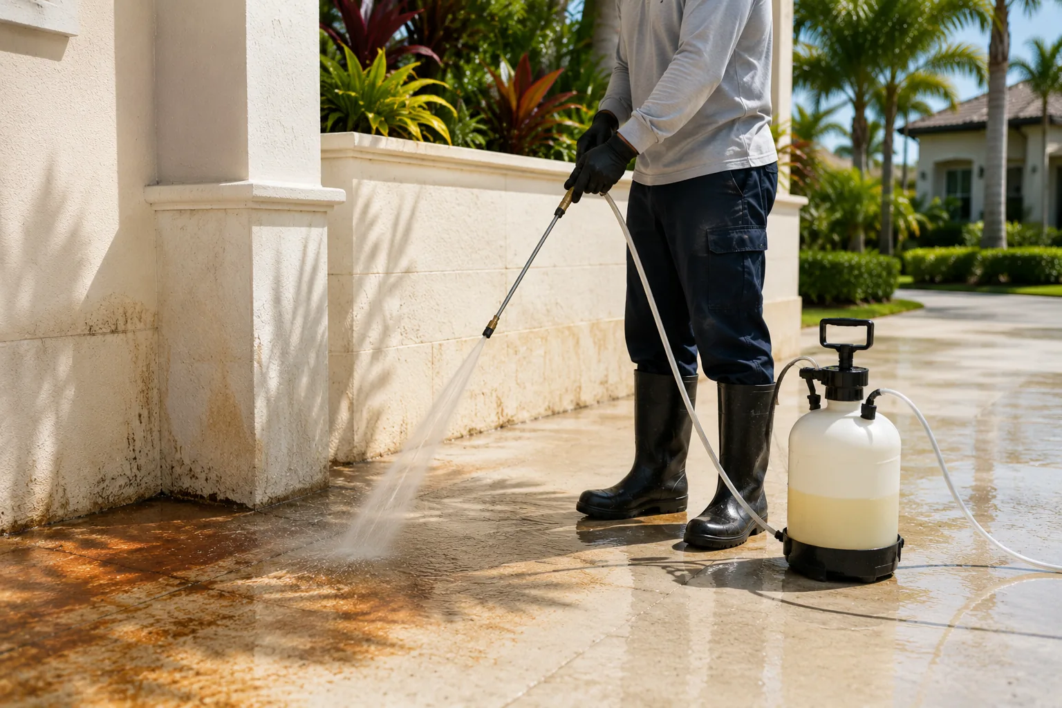 Rust protection service concept with clean South Florida home surfaces and professional equipment.